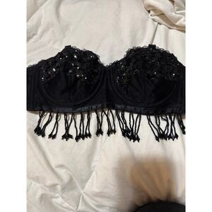 Vintage Candice Candice Black Sequin Beaded Fringe Corset Bra Bustier Top 32B